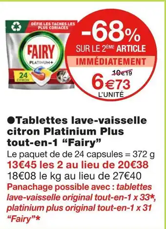 Monoprix Fairy Tablettes lave-vaisselle citron Platinium Plus tout-en-1 offre