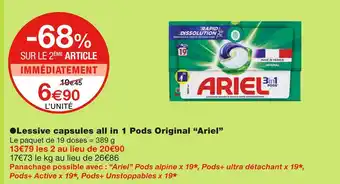 Monoprix Ariel Lessive capsules all in 1 Pods Original offre
