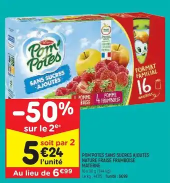 Leader Price POM'POTES SANS SUCRES AJOUTÉS NATURE FRAISE FRAMBOISE MATERNE offre
