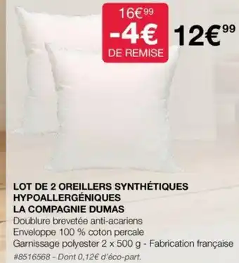 Costco LOT DE 2 OREILLERS SYNTHÉTIQUES HYPOALLERGÉNIQUES LA COMPAGNIE DUMAS offre