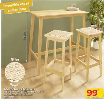 Gifi Table dim. 100x95x50 cm, tabouret x2 dim. 32x72x32 cm, bambou offre