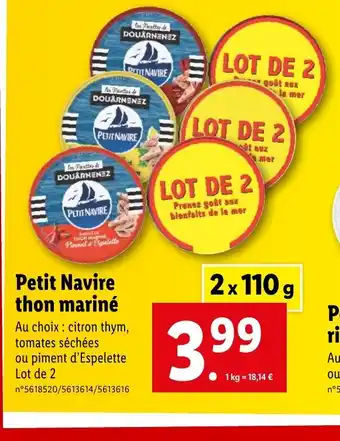 Lidl Petit Navire thon mariné offre