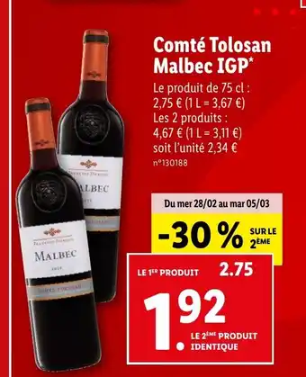 Lidl Comté Tolosan Malbec IGP offre