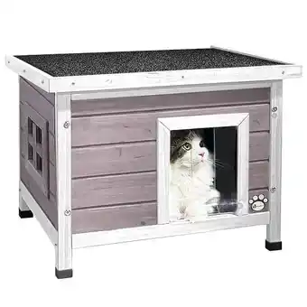 Bricomarché VOUNOT Maison pour Chat en bois avec toit bitumé autoportant et porte à lamelles PVC Gris offre