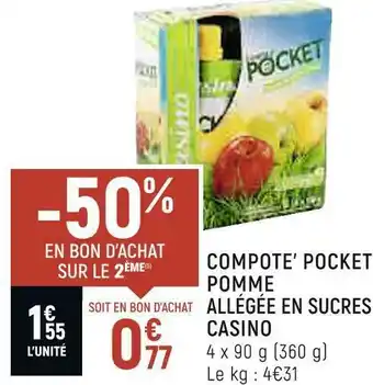 Petit Casino Casino compote’ pocket pomme allégée en sucres offre