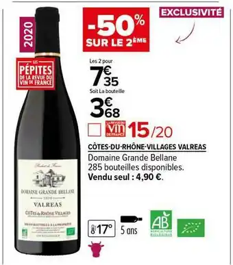Carrefour Côtes-du-rhône-villages Valreas Domaine Grande Bellane 2020 offre