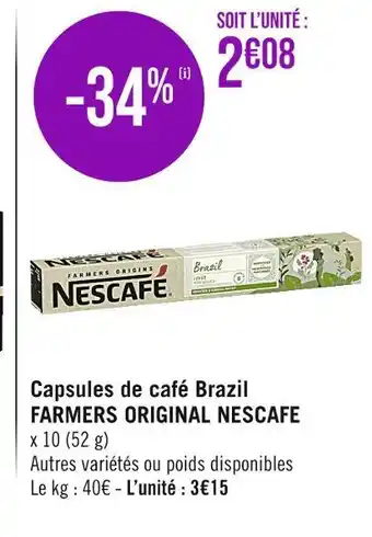Casino Supermarchés NESCAFE Capsules de café Brazil FARMERS ORIGINAL offre