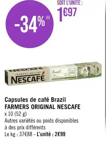 Géant Casino NESCAFE Capsules de café Brazil FARMERS ORIGINAL offre