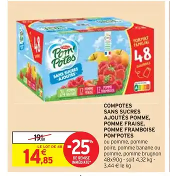 Intermarché POM'POTES COMPOTES SANS SUCRES AJOUTÉS POMME, FRAISE, POMME FRAMBOISE offre