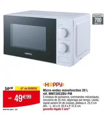 Cora x Carrefour Happy Micro-ondes monofonction 20 L offre