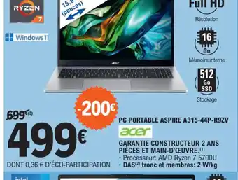 E.Leclerc PC PORTABLE ASPIRE A315-44P-R9ZV offre