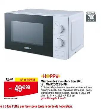 Cora x Carrefour Micro-ondes monofonction 20 L réf. MM720C2BU-PM offre