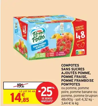 Intermarché COMPOTES SANS SUCRES AJOUTÉS POMME, POMME FRAISE, POMME FRAMBOISE POM'POTES offre