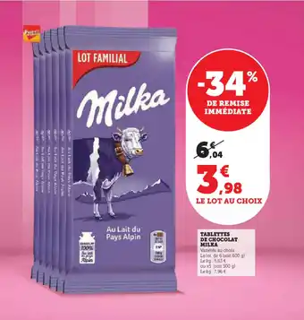 Super U TABLETTES DE CHOCOLAT MILKA offre