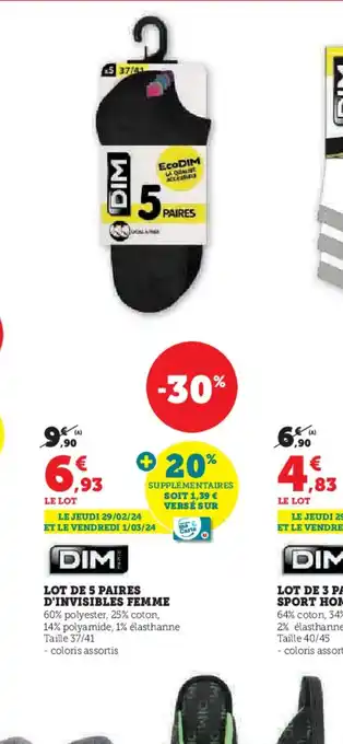 Hyper U LOT DE 5 PAIRES D'INVISIBLES FEMME offre