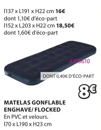 JYSK MATELAS GONFLABLE ENGHAVE/ FLOCKED En PVC et velours. 170 x L190 x H23 cm offre