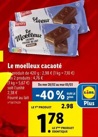 Lidl Sondey Le moelleux cacaoté offre