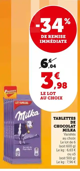 Super U MILKA TABLETTES DE CHOCOLAT offre