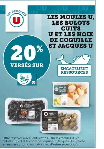 Super U U 20% VERSÉS SUR ma Carte U LES MOULES U, LES BULOTS CUITS U ET LES NOIX DE COQUILLE ST JACQUES U offre