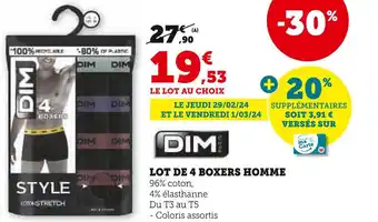 Super U DIM LOT DE 4 BOXERS HOMME offre