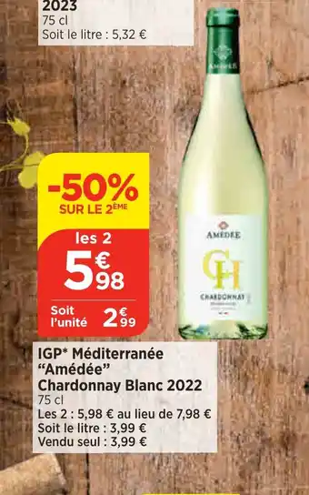 Bi1 IGP Méditerranée "Amédée" Chardonnay Blanc 2022 offre