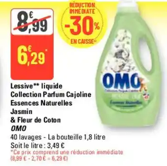 G20 Lessive** liquide Collection Parfum Cajoline Essences Naturelles Jasmin & Fleur de Coton OMO offre