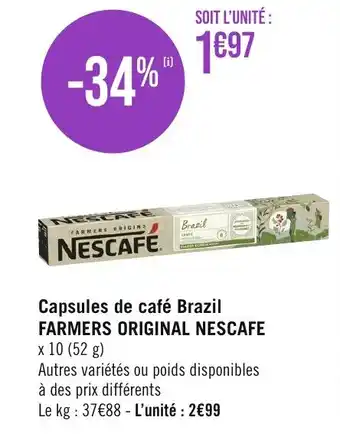 Casino Supermarchés Capsules de café Brazil FARMERS ORIGINAL NESCAFE x 10 (52 g) offre