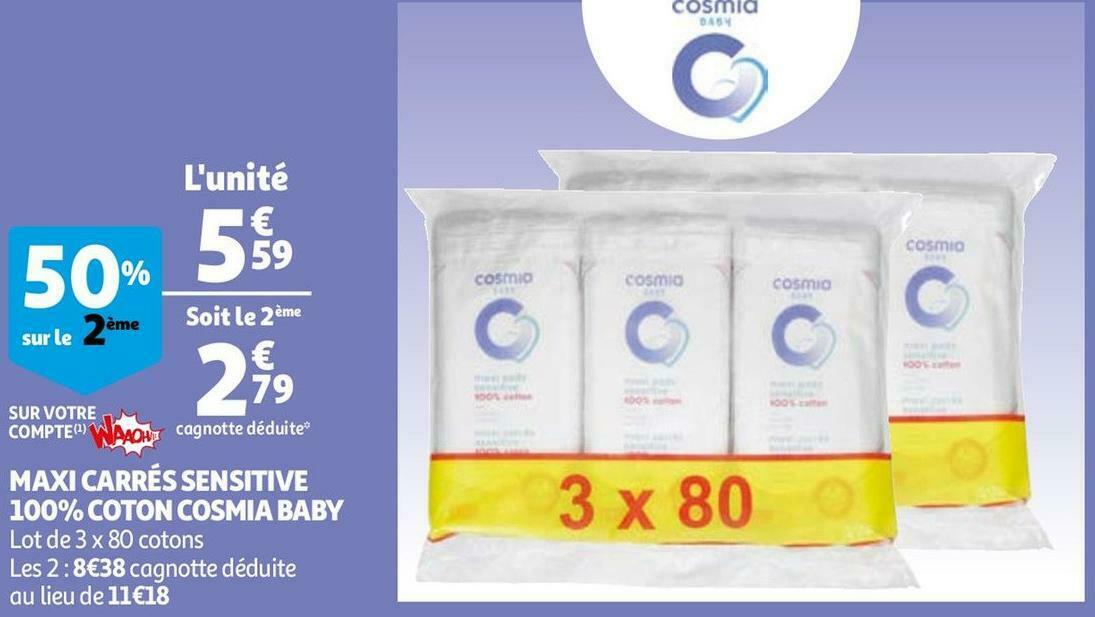 Promo Auchan Maxi Carres Sensitive 100 Coton Cosmia Baby Chez Auchan