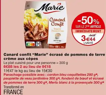 Monoprix Marie canard confit écrasé de pommes de terre crème aux cèpes offre