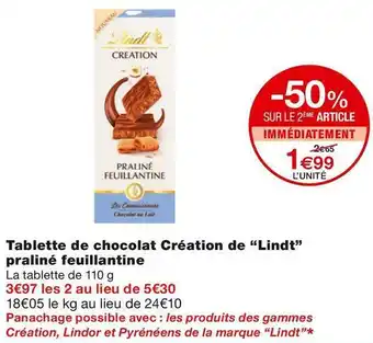 Lindt tablette de chocolat création de praliné feuillantine