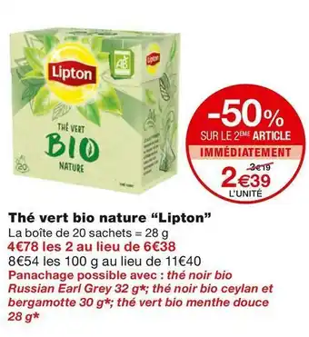 Monoprix Lipton thé vert bio nature offre