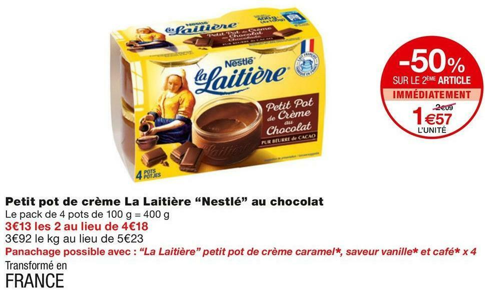 Promo Nestlé petit pot de crème la laitière au chocolat chez Monoprix