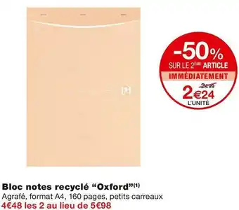 Monoprix Oxford bloc notes recyclé offre