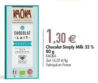 Biomonde Kaoka chocolat simply milk 32 % offre