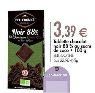 Biomonde Belledonne tablette chocolat noir 88 % au sucre de coco offre