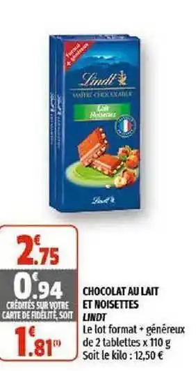 Coccinelle Supermarché Chocolat Au Lait Et Noisettes Lindt offre