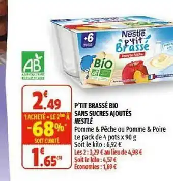Coccinelle Supermarché P'tit Brassé Bio Sans Sucres Ajoutés Nestlé offre