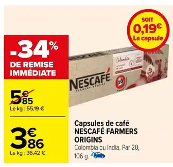 Carrefour Capsules de café NESCAFÉ FARMERS ORIGINS Colombia ou India, Par 20, offre