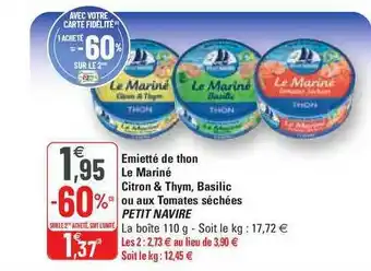 G20 émietté De Thon Le Mariné Citron & Thym, Basilic Ou Aux Tomates Séchées Petit Navire offre