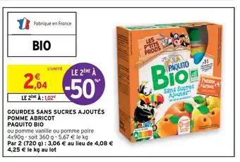 Intermarché Gourdes Sans Sucres Ajoutes Pomme Abricot Paquito Bio offre