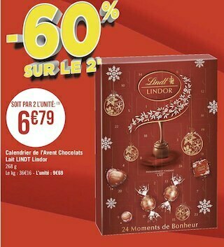 Lindt calendrier de l’avent chocolats lait lindor