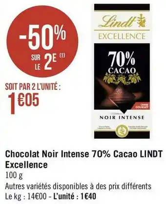 Lindt chocolat noir intense 70% cacao excellence