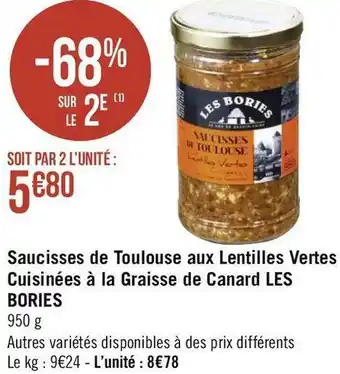 Géant Casino Les bories saucisses de toulouse aux lentilles vertes cuisinées à la graisse de canard offre