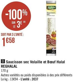 Géant Casino Reghalal saucisson sec volaille et bœuf halal offre
