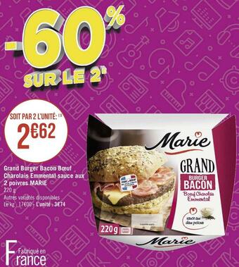 Marie grand burger bacon bœuf charolais emmental sauce aux 2 poivres