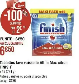 Géant Casino Finish tablettes lave vaisselle all in max citron* offre