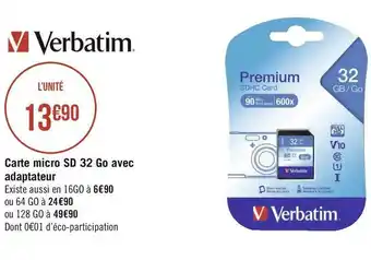 Géant Casino Verbatim carte micro sd 32 go avec adaptateur offre