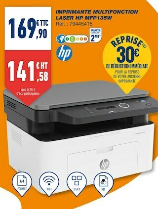 Bureau Vallée Hp imprimante multifonction laser mfp135w offre