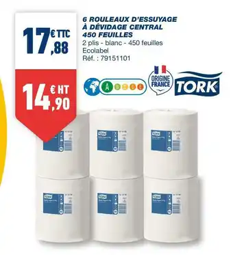 Bureau Vallée Tork 6 rouleaux d’essuyage à dévidage central 450 feuilles offre