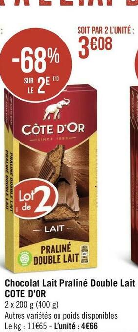 Côte d’or chocolat lait praliné double lait